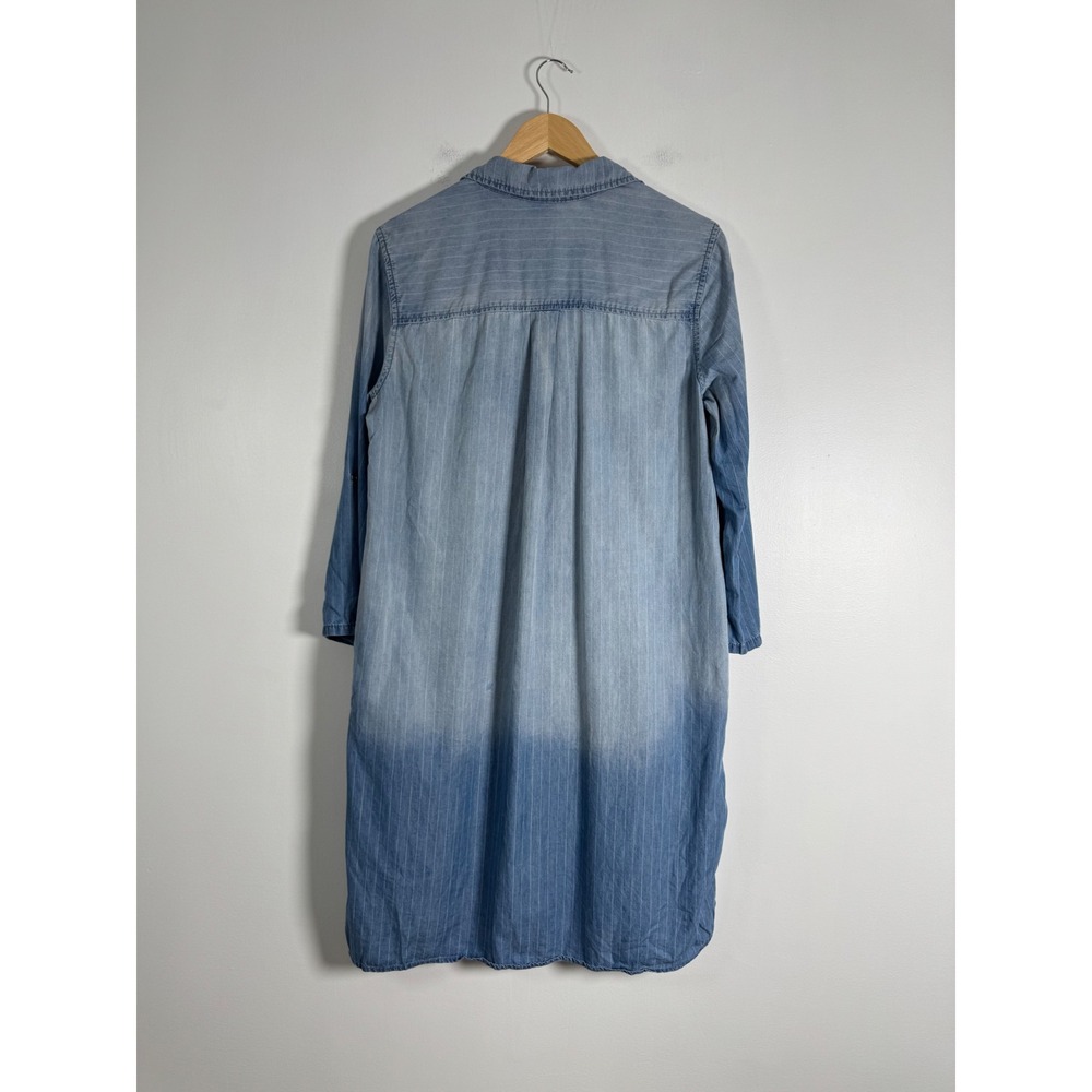 Coastal Boho Luxology Womens 12 Tunic Dress Blue Ombre Pinstripe Roll Tab Pocket - Picture 2 of 10